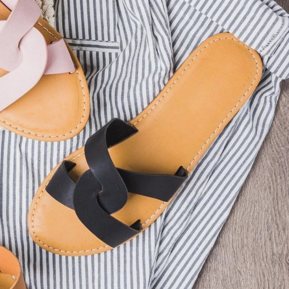 Sunny Feet Women Summer Knot Strap Fashion Slides Sandals - Black